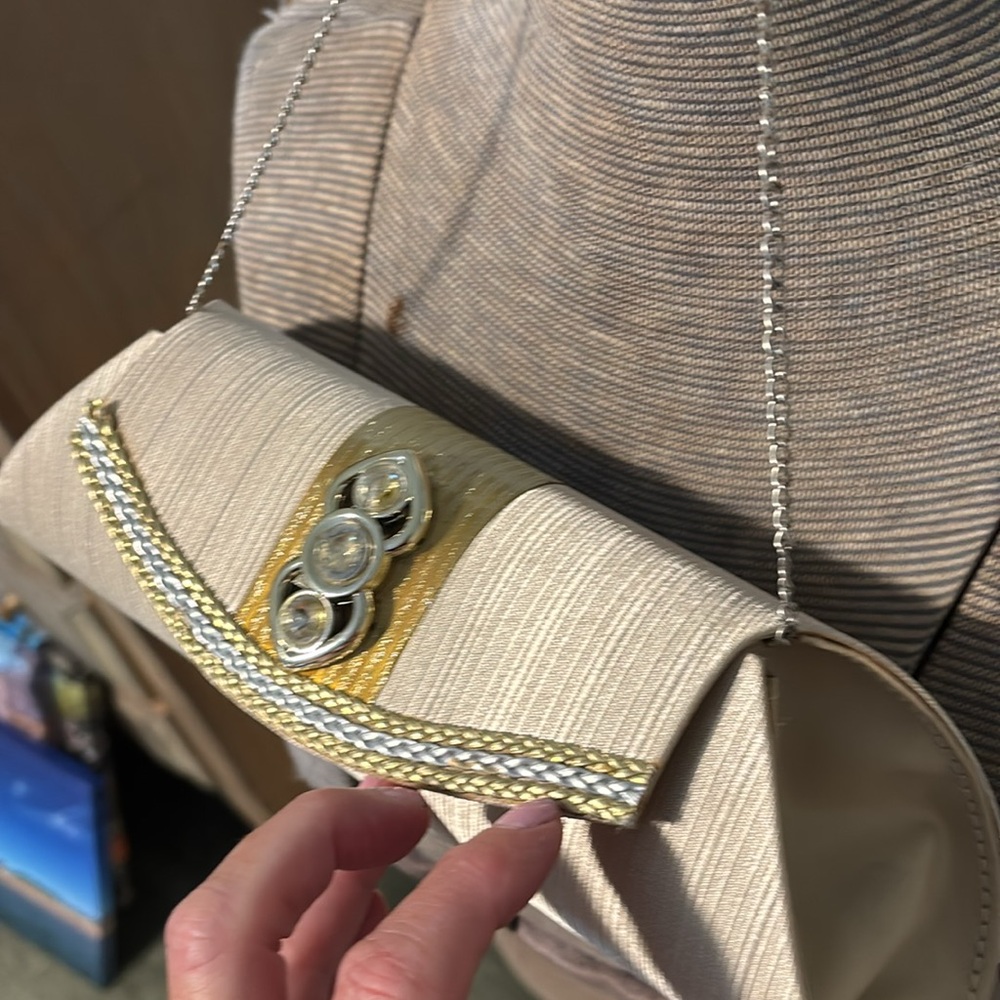 Vintage Cream Clutch with Gold magnetic closure chain strap evening bag